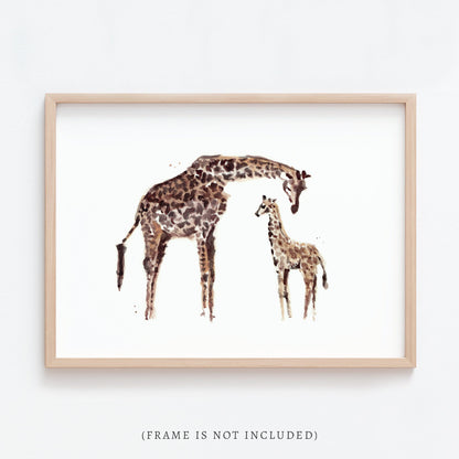 Giraffe with Baby Giraffe Safari Animal Watercolor Art Print - Art Prints - Moon Rock Prints