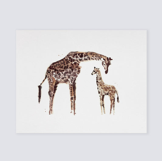 Giraffe with Baby Giraffe Safari Animal Watercolor Art Print - Art Prints - Moon Rock Prints