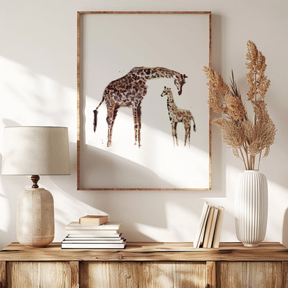 Giraffe with Baby Giraffe Safari Animal Watercolor Art Print - Art Prints - Moon Rock Prints