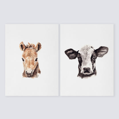 Horse and Cow Farm Animal Watercolor Art Print Set of 2 - Art Prints - Moon Rock Prints