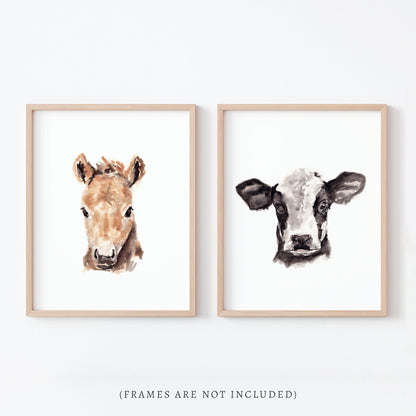 Horse and Cow Farm Animal Watercolor Art Print Set of 2 - Art Prints - Moon Rock Prints