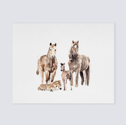 Horse Family of 4 Farm Animal Watercolor Art Print - Art Prints - Moon Rock Prints