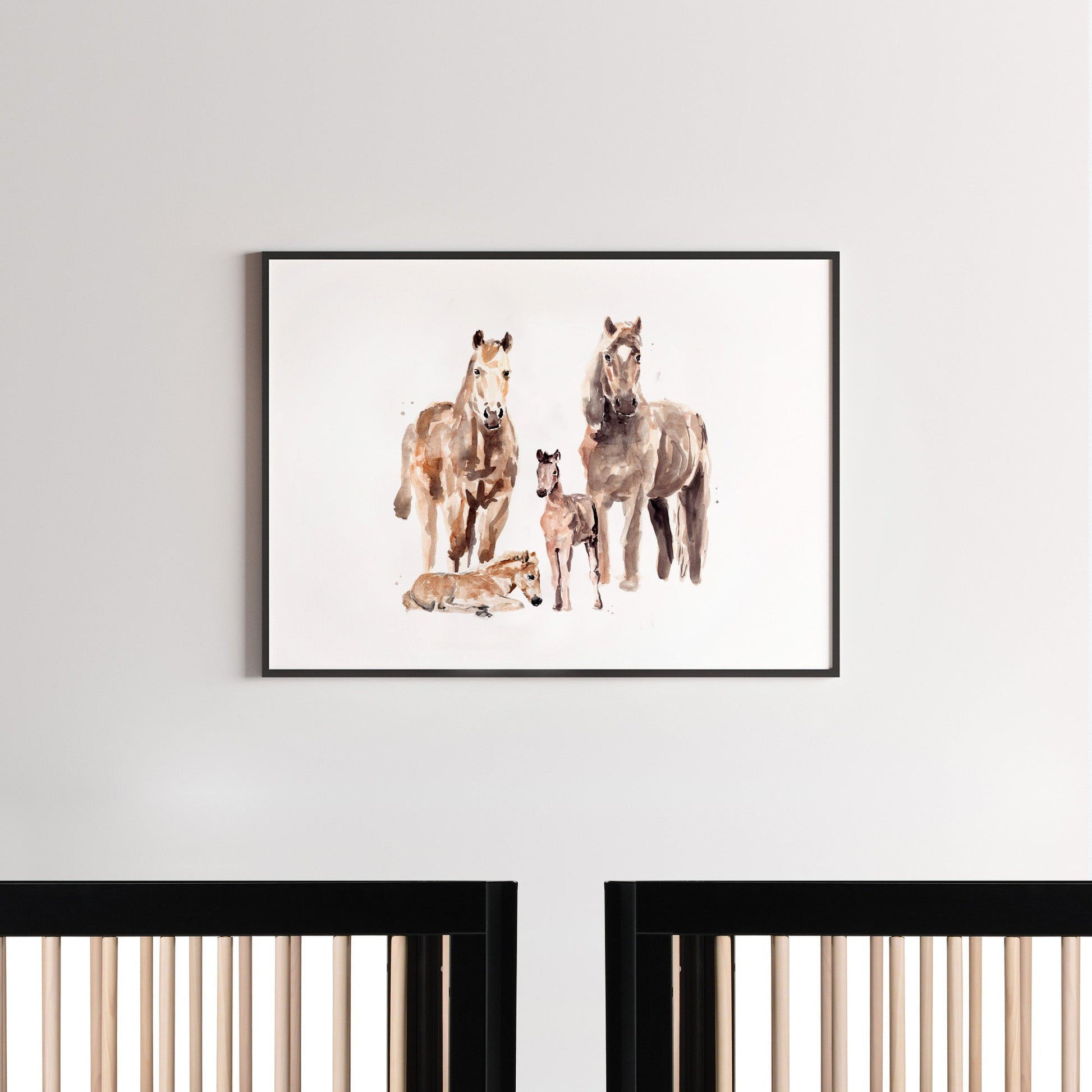 Horse Family of 4 Farm Animal Watercolor Art Print - Art Prints - Moon Rock Prints