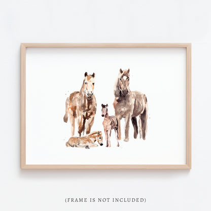 Horse Family of 4 Farm Animal Watercolor Art Print - Art Prints - Moon Rock Prints