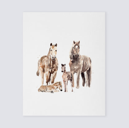 Horse Family of 4 Farm Animal Watercolor Art Print - Art Prints - Moon Rock Prints