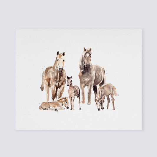 Horse Family of 5 Farm Animal Watercolor Art Print - Art Prints - Moon Rock Prints