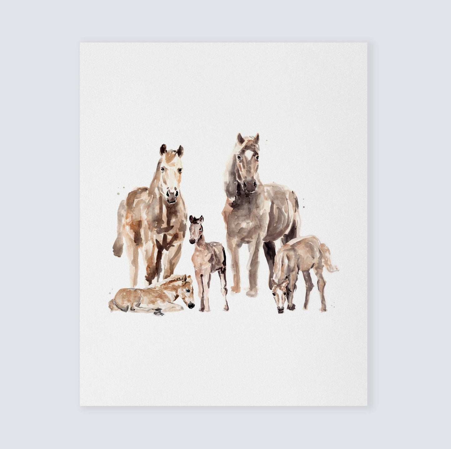 Horse Family of 5 Farm Animal Watercolor Art Print - Art Prints - Moon Rock Prints