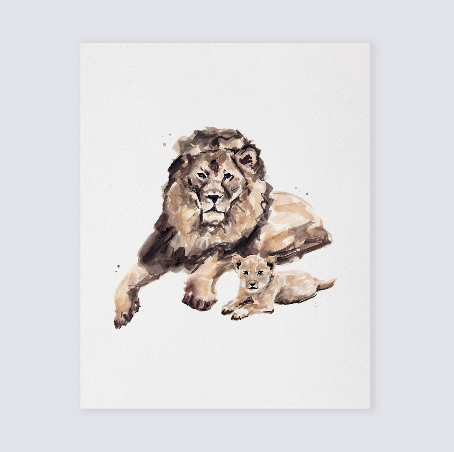 Lion Dad and Baby Lion Jungle Animal Watercolor Art Print - Art Prints - Moon Rock Prints