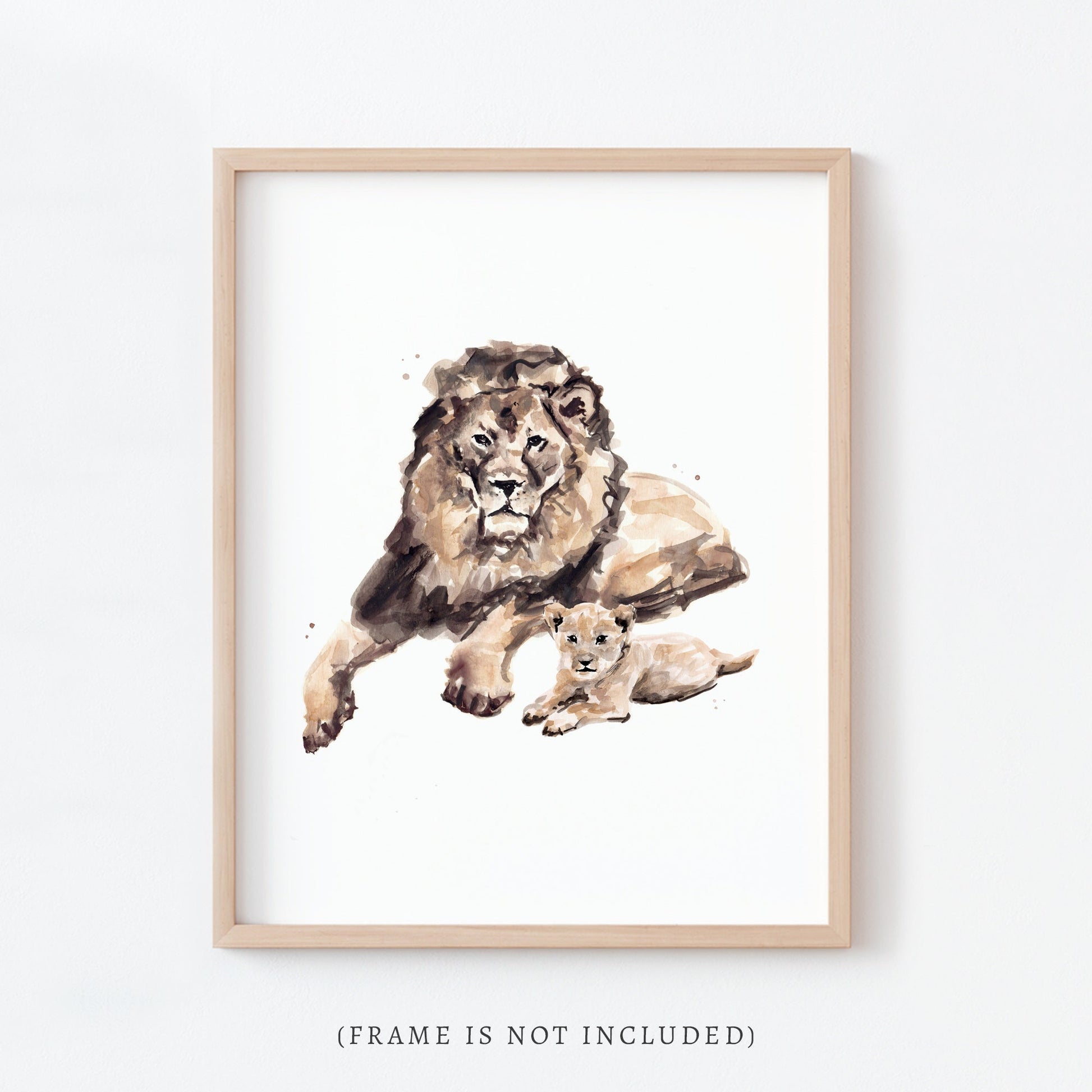 Lion Dad and Baby Lion Jungle Animal Watercolor Art Print - Art Prints - Moon Rock Prints