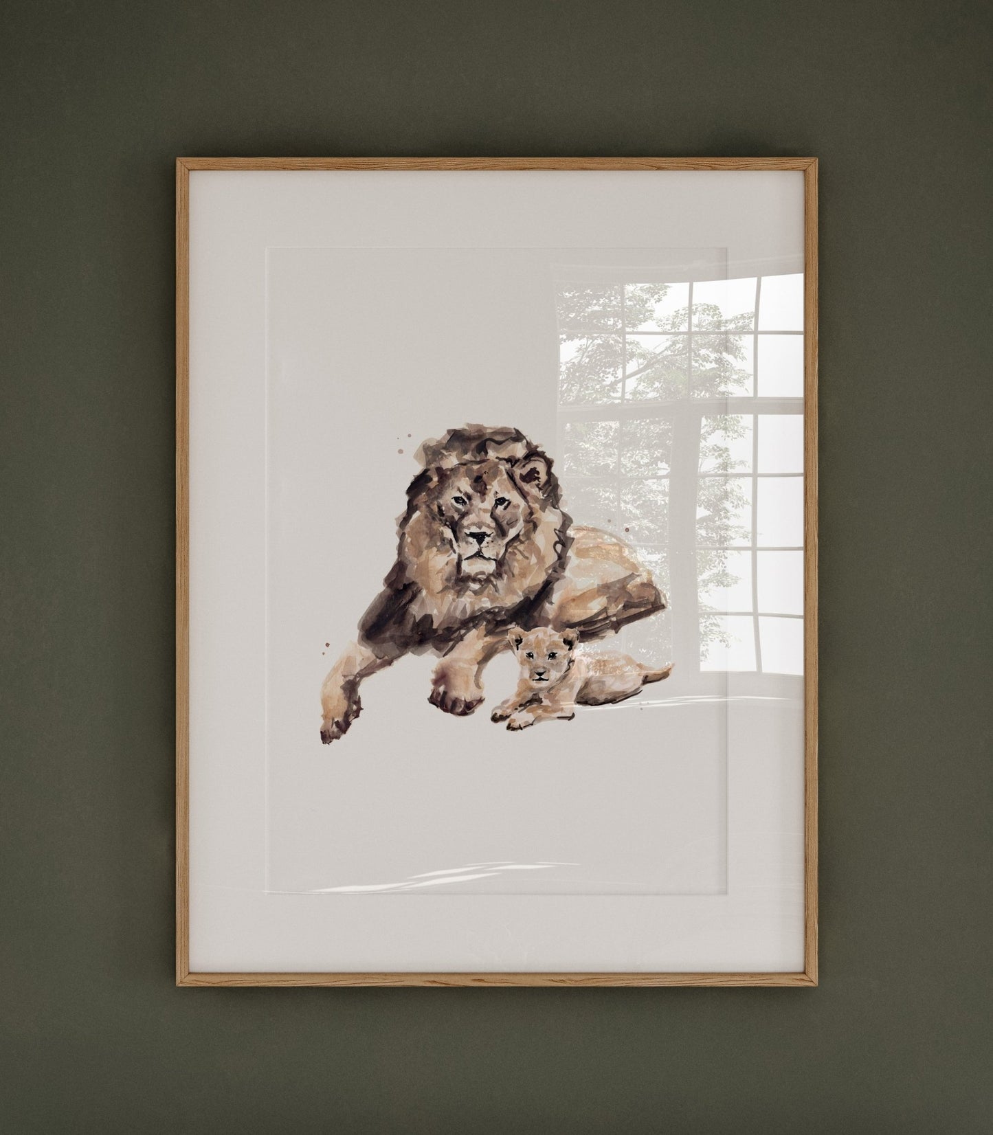 Lion Dad and Baby Lion Jungle Animal Watercolor Art Print - Art Prints - Moon Rock Prints