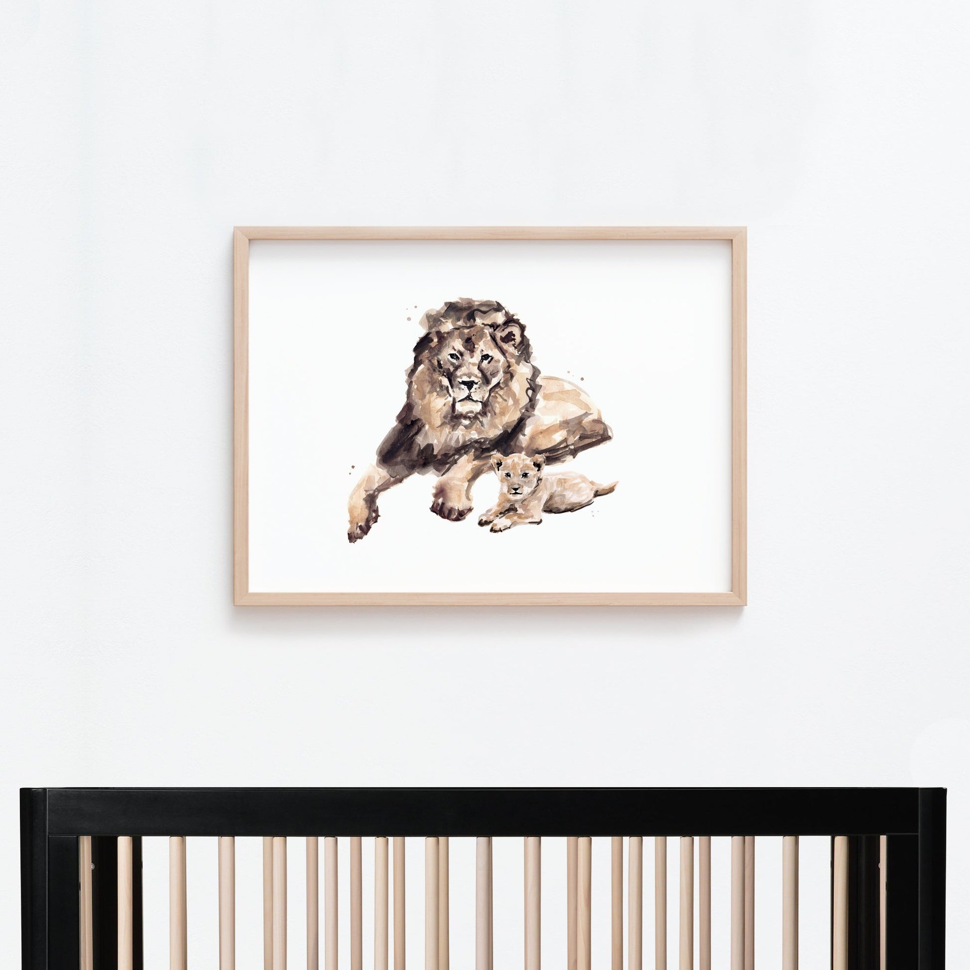 Lion Dad and Baby Lion Jungle Animal Watercolor Art Print - Art Prints - Moon Rock Prints