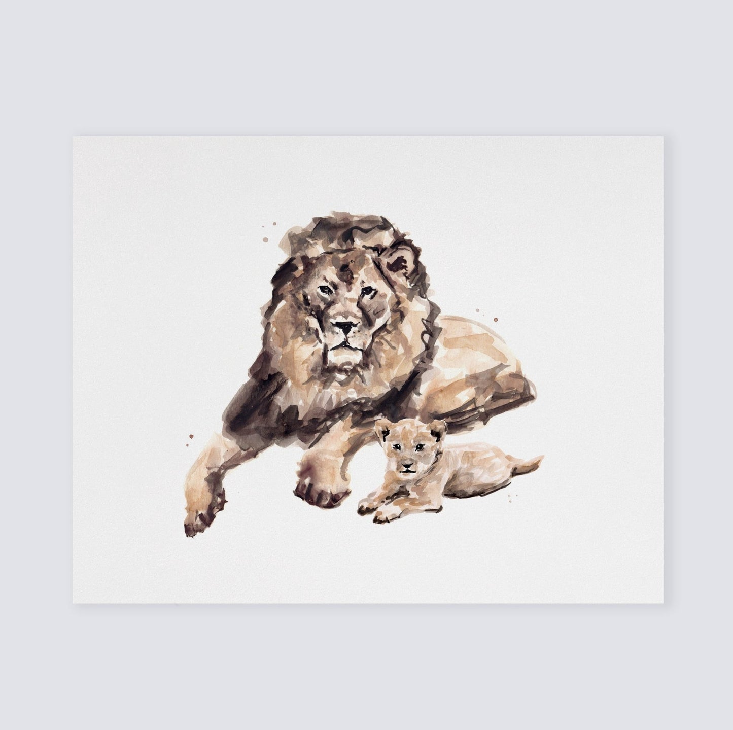 Lion Dad and Baby Lion Jungle Animal Watercolor Art Print - Art Prints - Moon Rock Prints