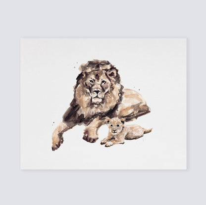 Lion Dad and Baby Lion Jungle Animal Watercolor Art Print - Art Prints - Moon Rock Prints