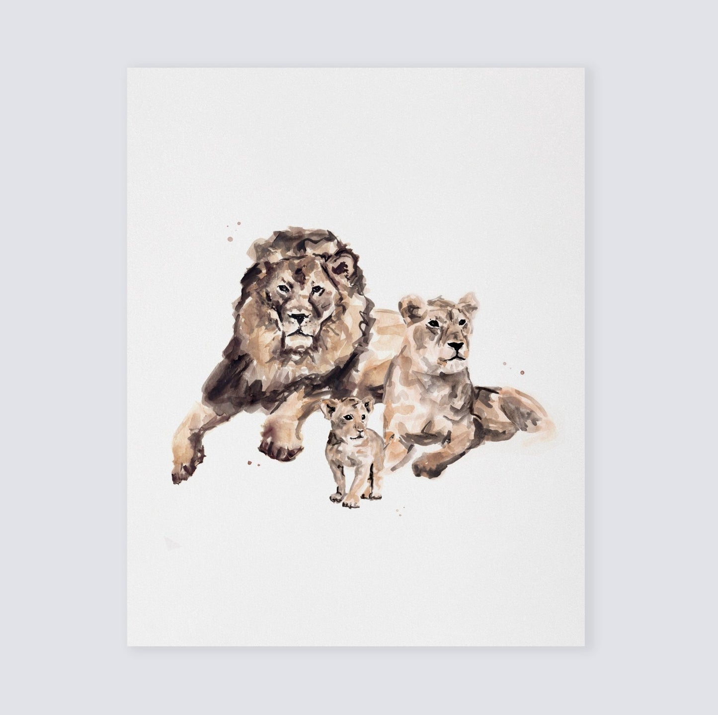 Lion Family of 3 Safari Animal Watercolor Art Print - Art Prints - Moon Rock Prints