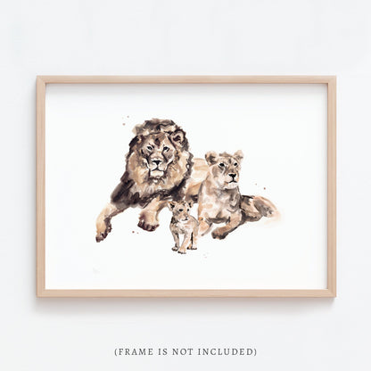 Lion Family of 3 Safari Animal Watercolor Art Print - Art Prints - Moon Rock Prints