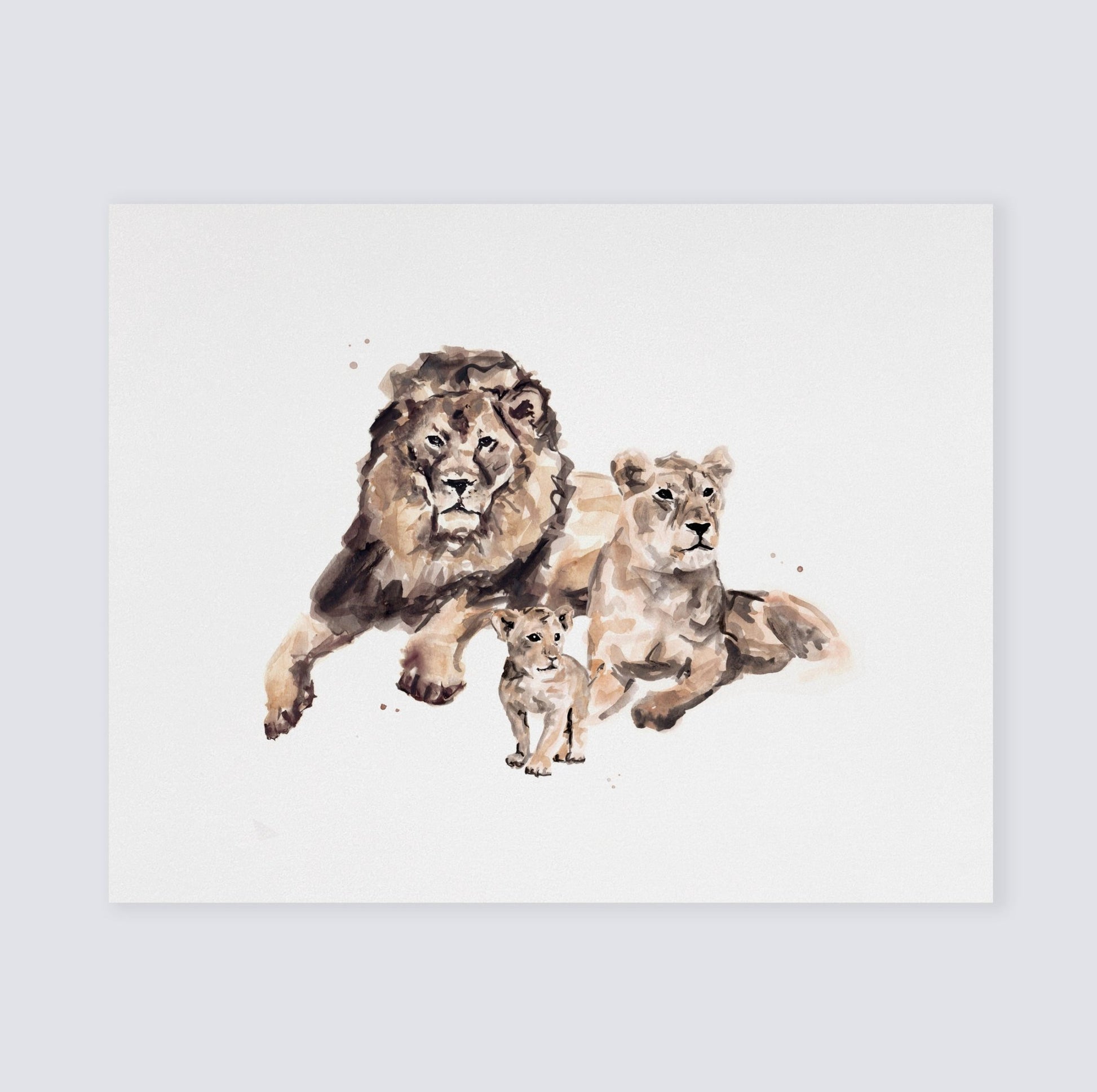 Lion Family of 3 Safari Animal Watercolor Art Print - Art Prints - Moon Rock Prints