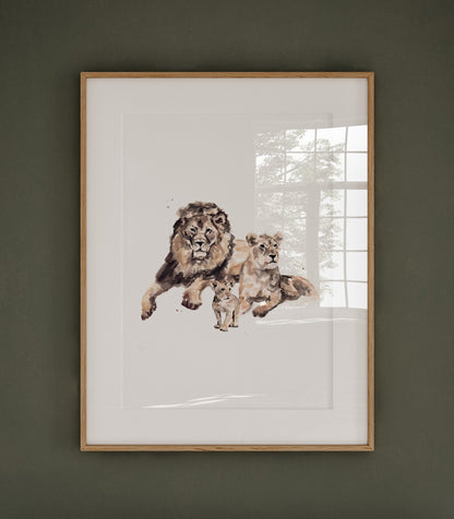 Lion Family of 3 Safari Animal Watercolor Art Print - Art Prints - Moon Rock Prints