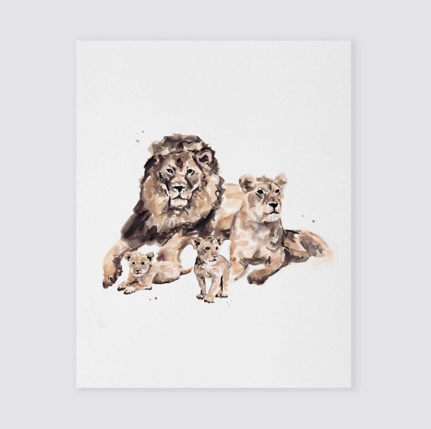 Lion Family of 4 Safari Animal Watercolor Art Print - Art Prints - Moon Rock Prints