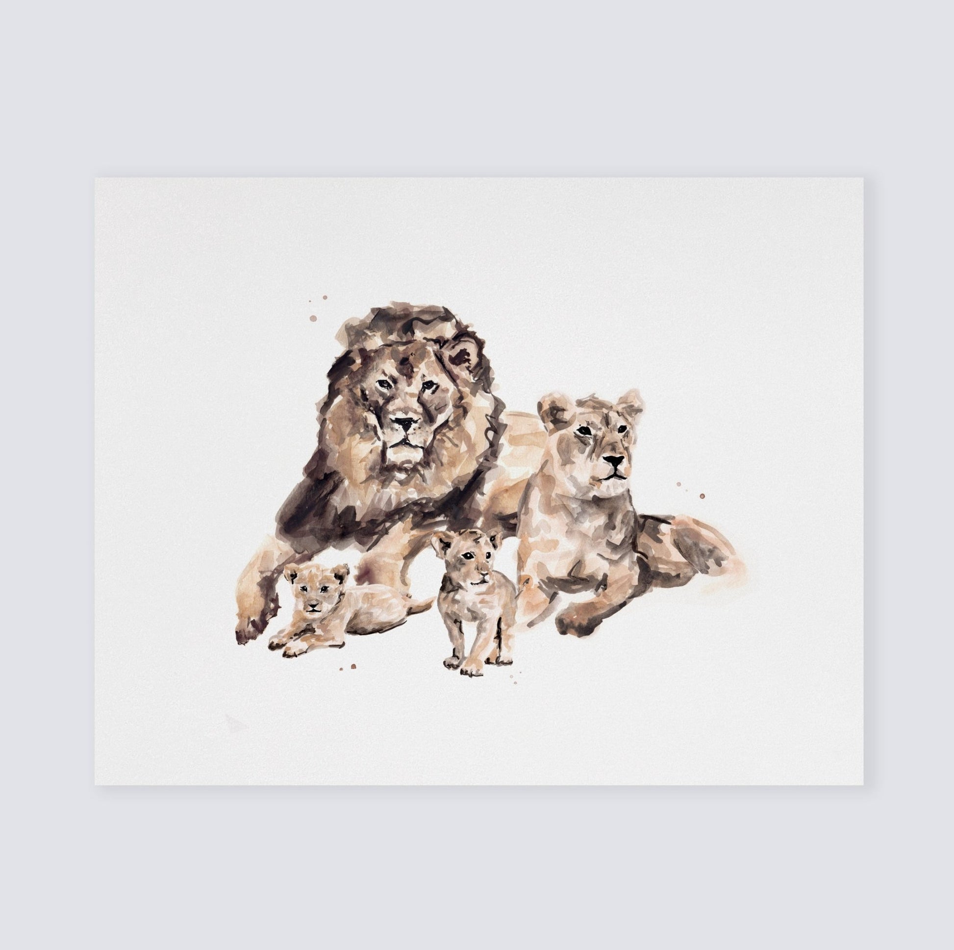 Lion Family of 4 Safari Animal Watercolor Art Print - Art Prints - Moon Rock Prints