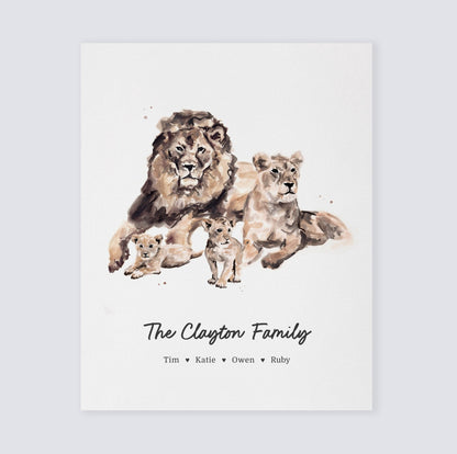 Lion Family Personalized Watercolor Art Print - Art Prints - Moon Rock Prints