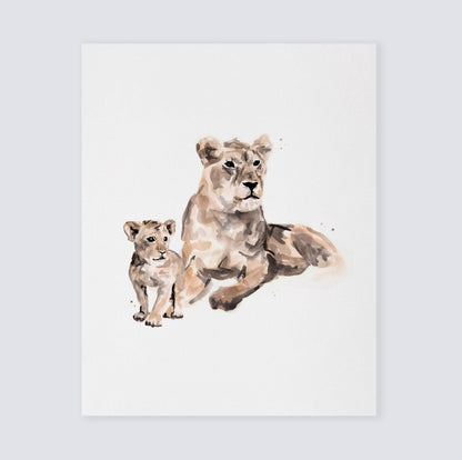 Lion Mom and Baby Lion Jungle Animal Watercolor Art Print - Art Prints - Moon Rock Prints