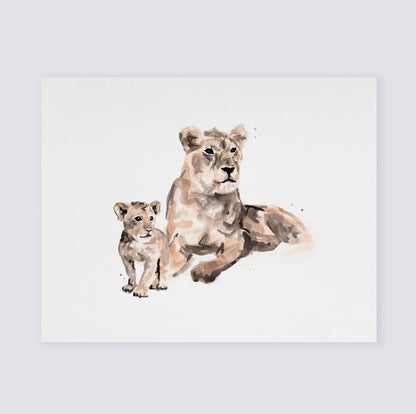 Lion Mom and Baby Lion Jungle Animal Watercolor Art Print - Art Prints - Moon Rock Prints