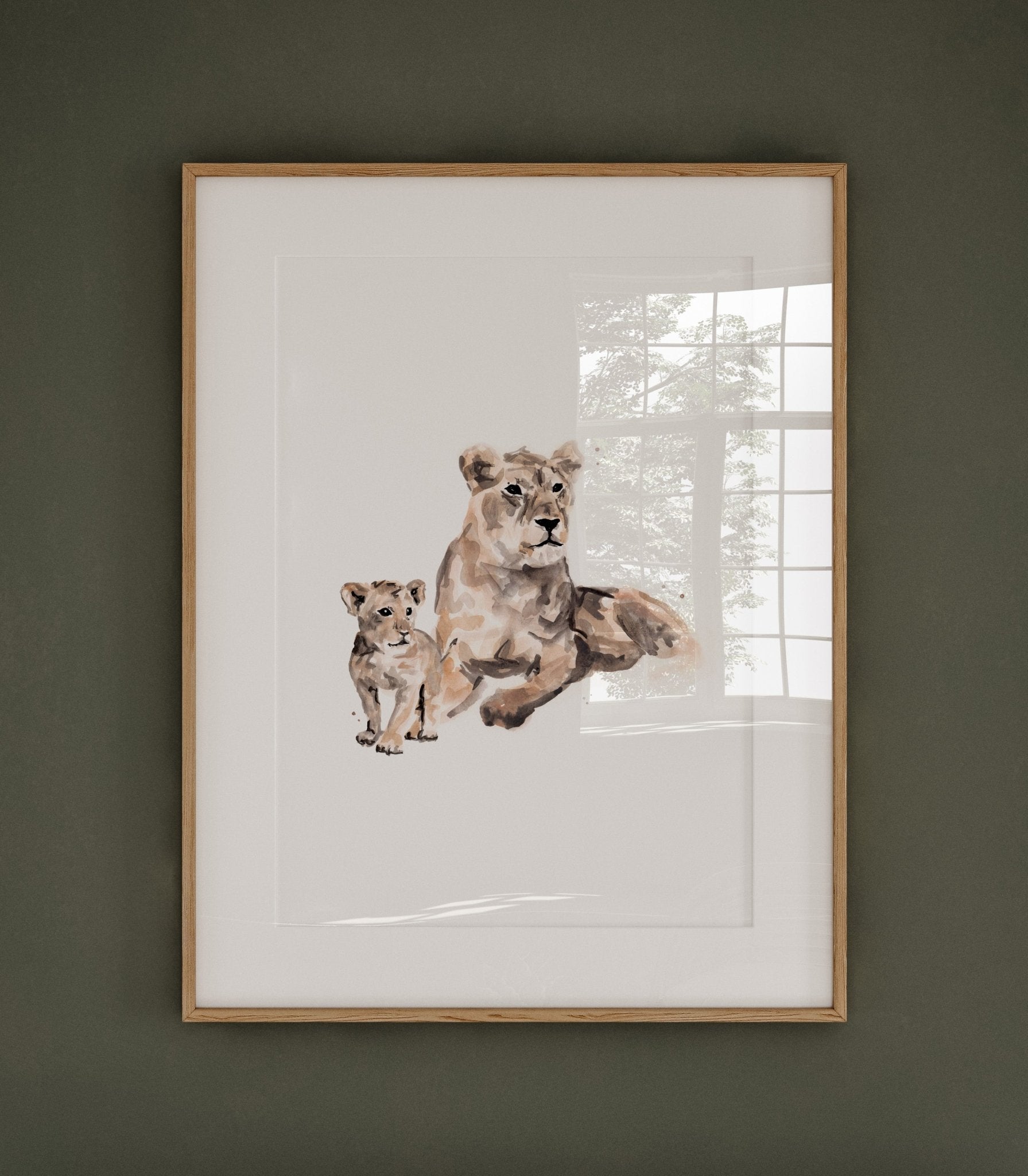 Lion Mom and Baby Lion Jungle Animal Watercolor Art Print - Art Prints - Moon Rock Prints