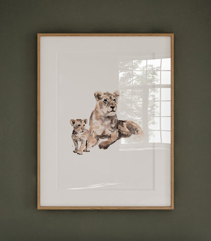 Lion Mom and Baby Lion Jungle Animal Watercolor Art Print - Art Prints - Moon Rock Prints