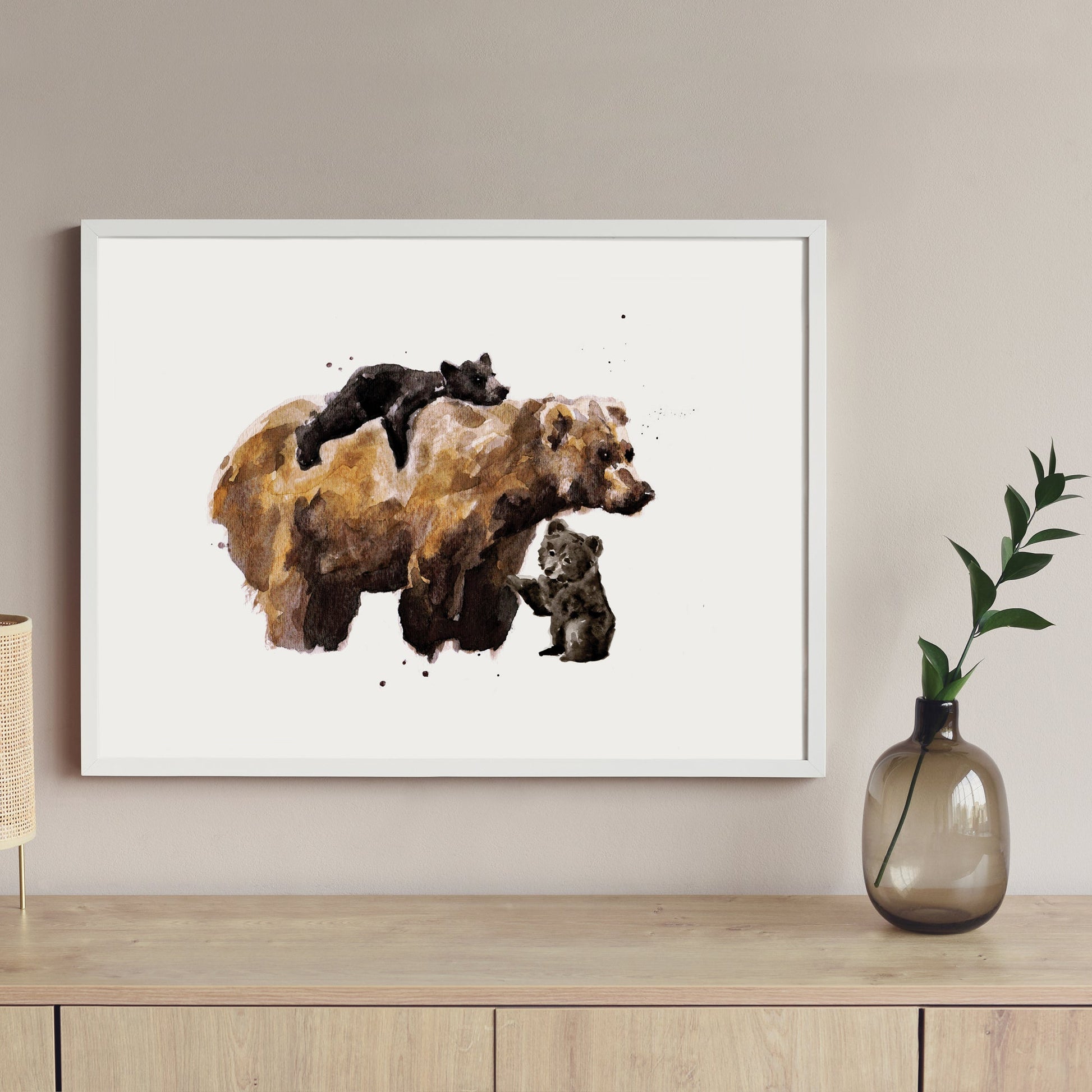 Mama Bear & Two Cubs Woodland Animal Watercolor Art Print - Art Prints - Moon Rock Prints