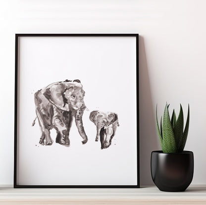 Mother Elephant and Baby Elephant Safari Animal Watercolor Art Print - Art Prints - Moon Rock Prints