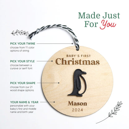 Penguin Baby's First Christmas Ornament Personalized - Holiday Ornaments - Moon Rock Prints