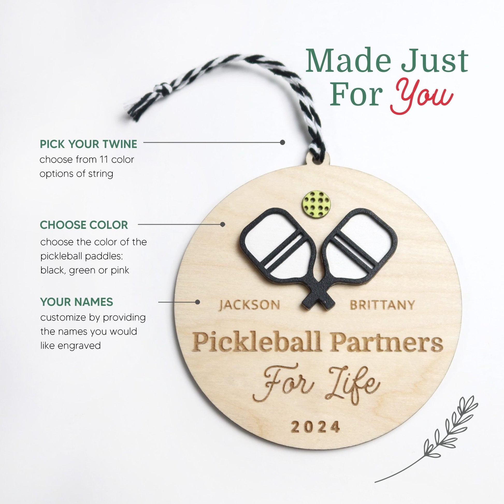 Pickleball Partners for Life Personalized Pickleball Player Ornament - Holiday Ornaments - Moon Rock Prints