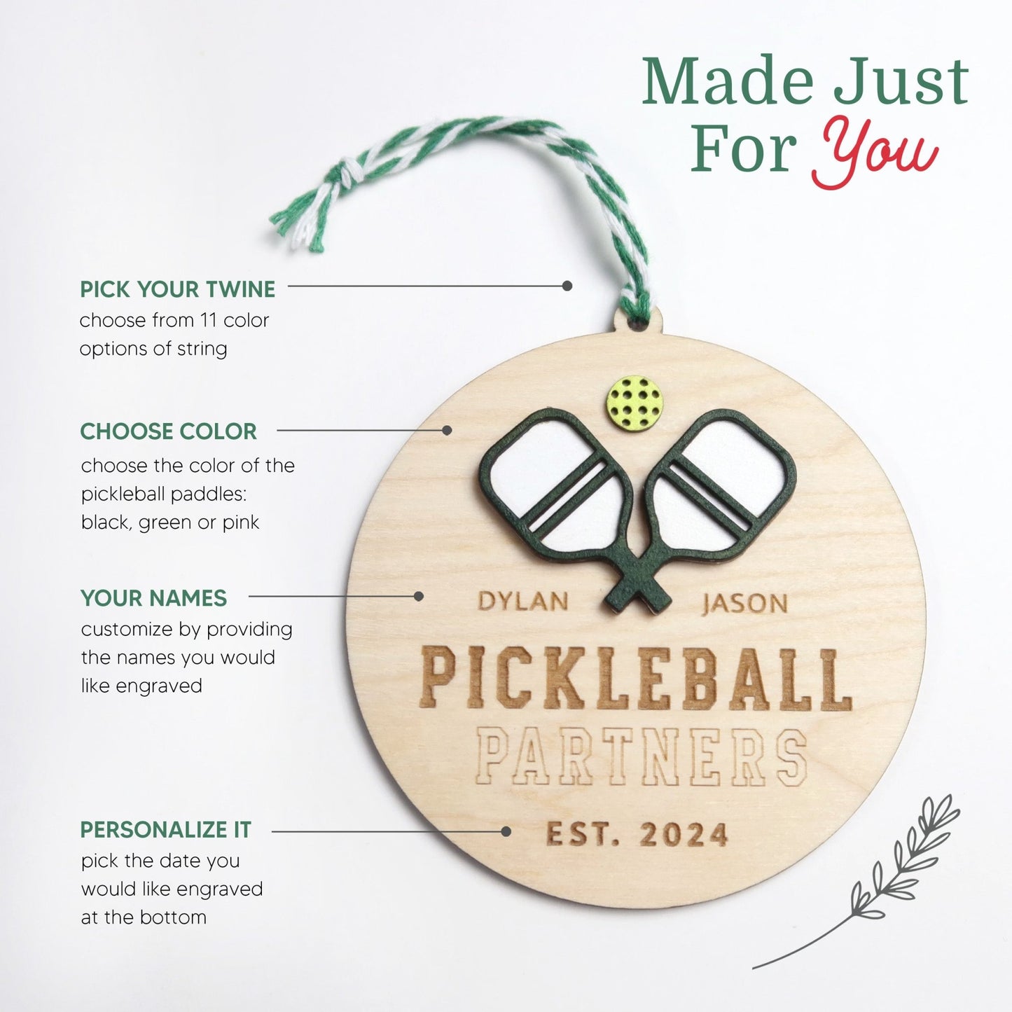 Pickleball Partners Personalized Pickleball Player Ornament - Holiday Ornaments - Moon Rock Prints