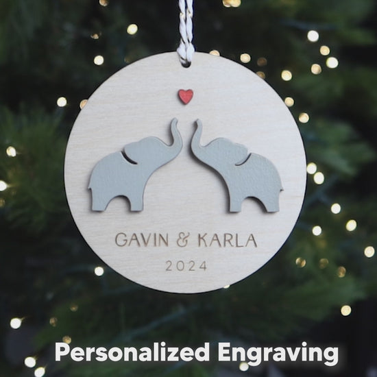 Elephant Couple Personalized Wood Christmas Ornament 2024 Keepsake Anniversary Gift