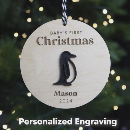 Baby First Christmas Ornament Personalized Engraved Wood Penguin Baby Keepsake Gift for 2024