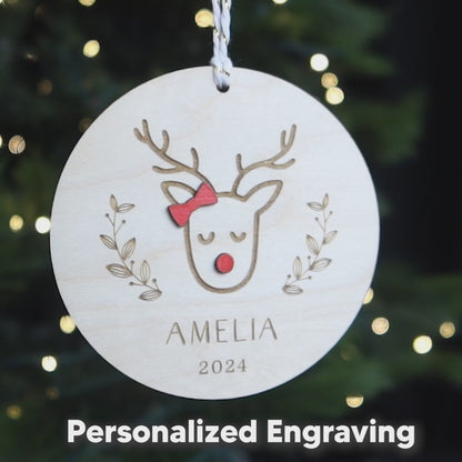 Personalized Engraved Kids Name Reindeer Wood Christmas Ornament 2024