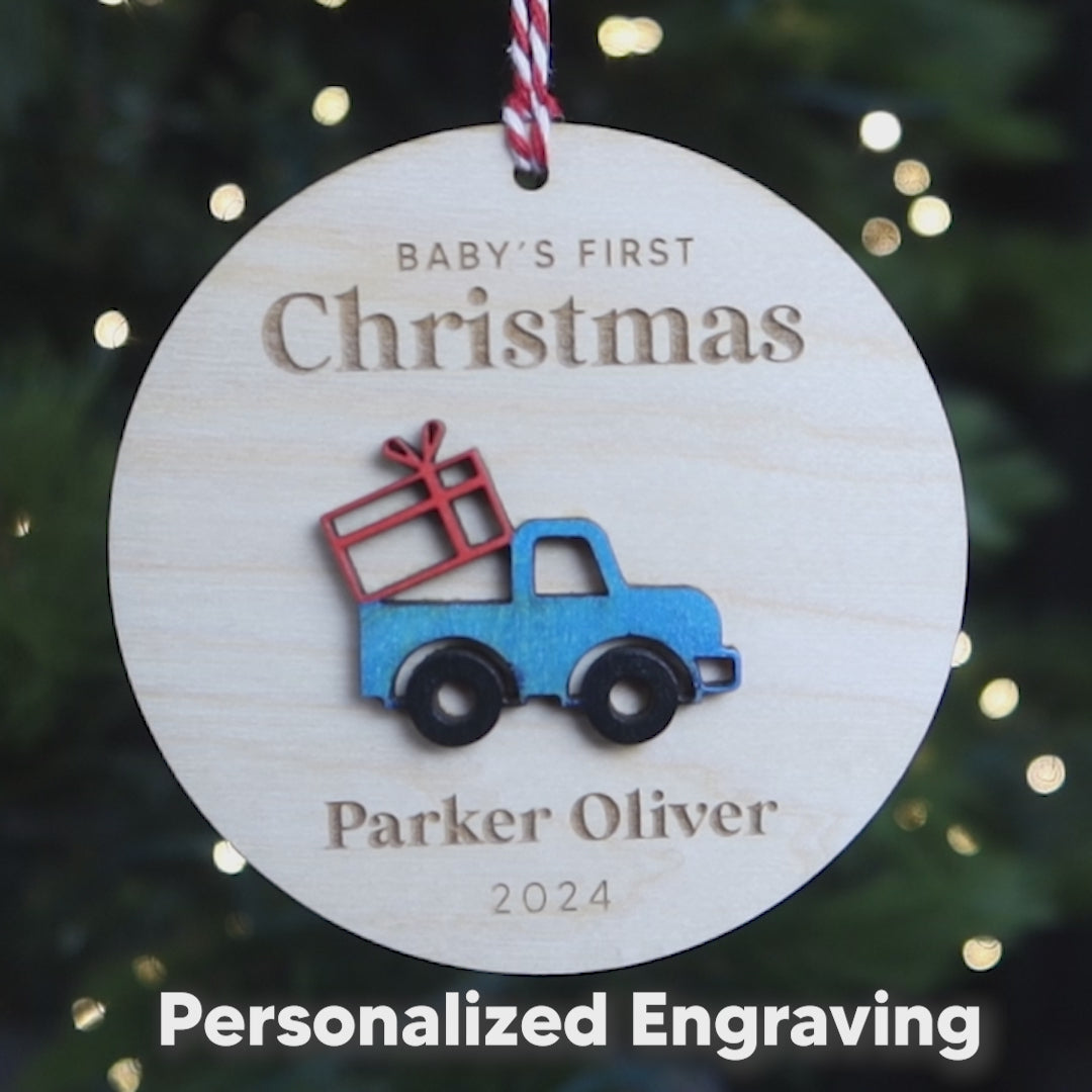 Personalized Baby First Christmas Ornament, Handmade Wood Little Blue Truck Ornament 2024