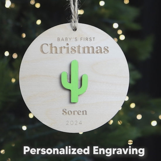 Baby First Christmas Ornament Personalized Engraved Wood Cactus Keepsake Gift for 2024