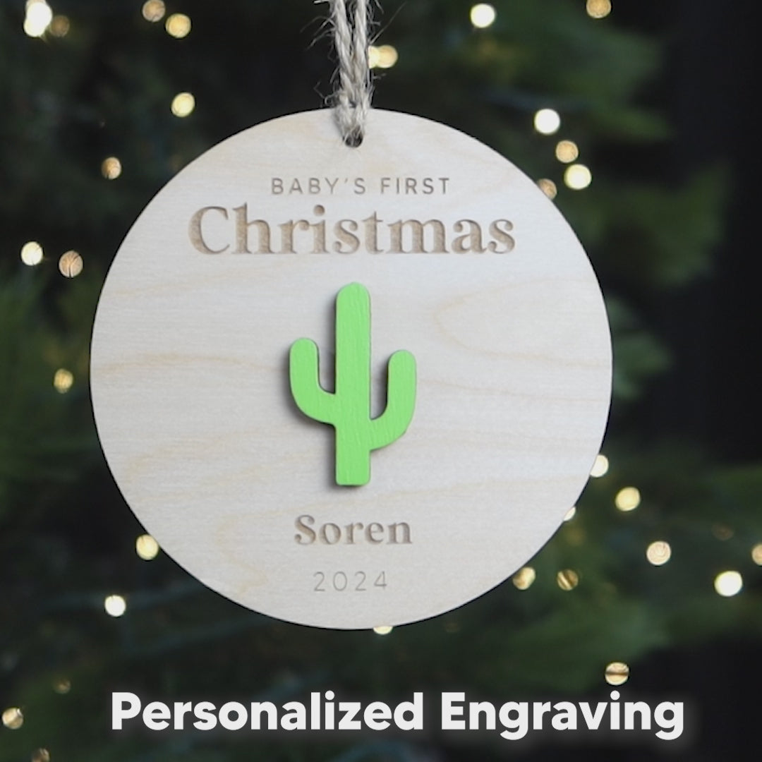 Baby First Christmas Ornament Personalized Engraved Wood Cactus Keepsake Gift for 2024