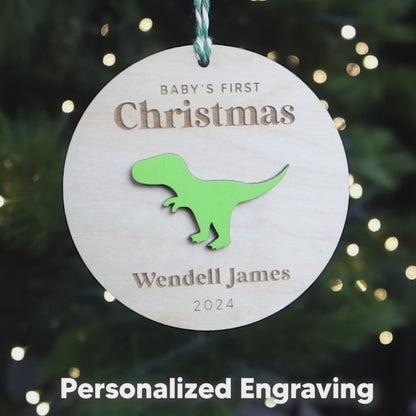 Baby First Christmas Ornament Personalized Engraved Wood Baby T-Rex Holiday Keepsake for 2024