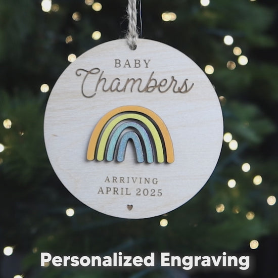 Babys First Christmas Ornament Personalized Engraved Wood Rainbow New Baby Gift for 2024