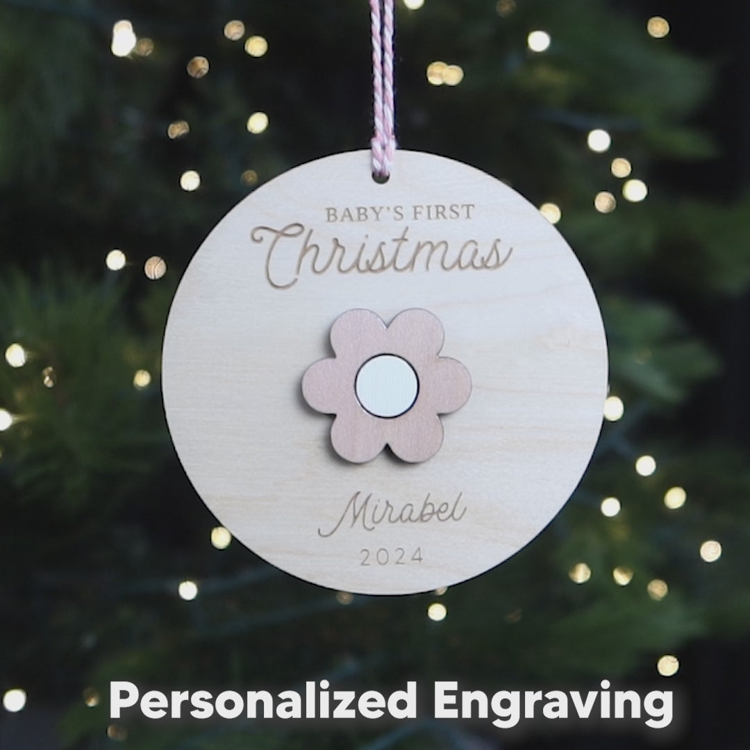 Baby First Christmas Ornament Personalized Engraved Wood Flower Baby Keepsake Gift for 2024