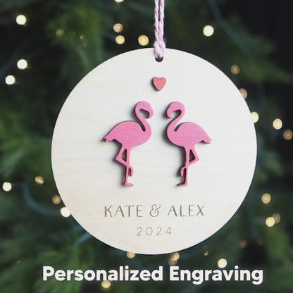 Pink Flamingo Couple Personalized Wood Christmas Ornament 2024 Gift for Couple