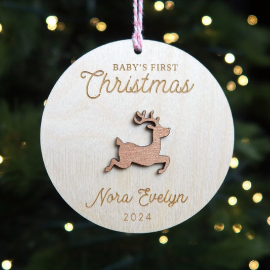 Reindeer Baby's First Christmas Ornament Personalized - Holiday Ornaments - Moon Rock Prints