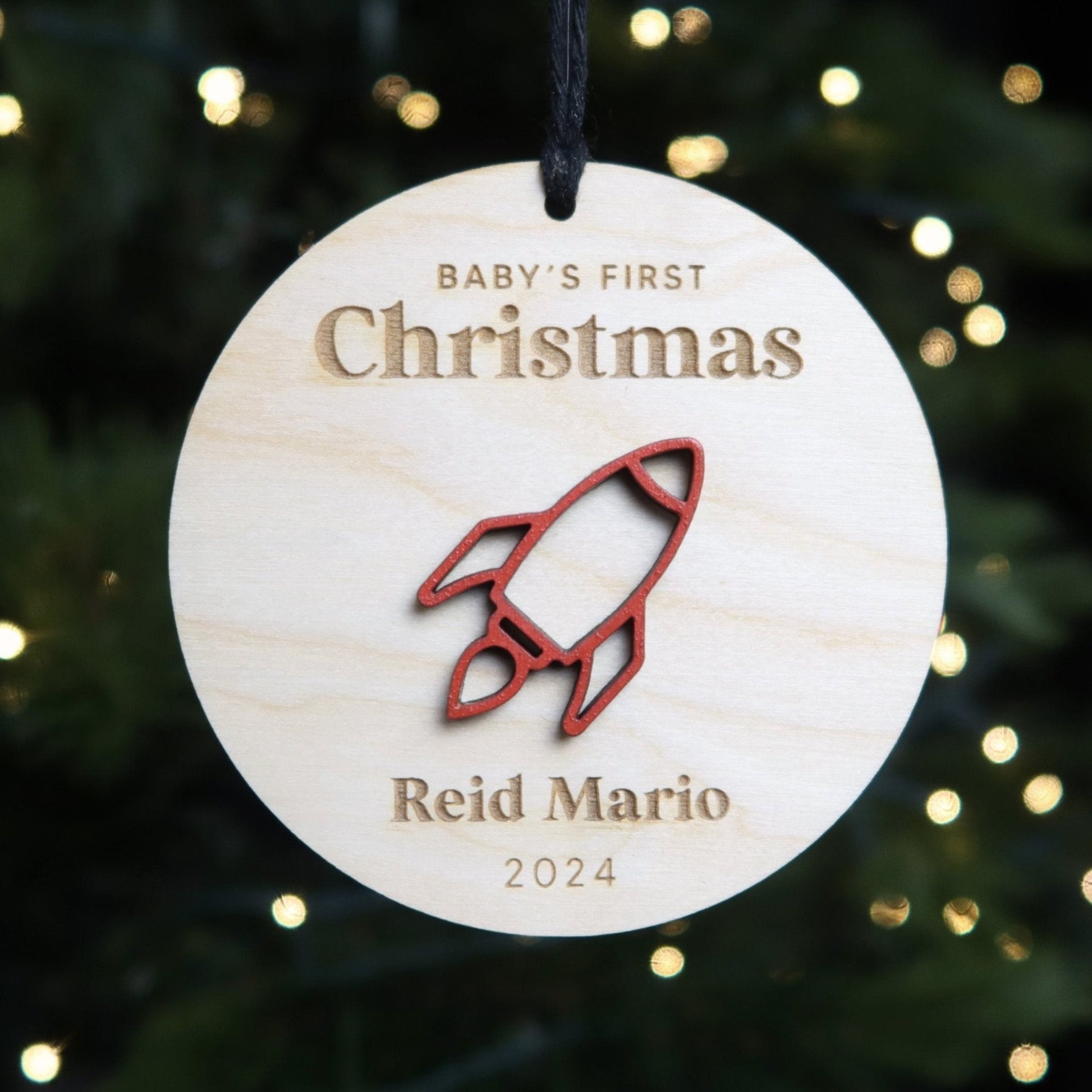 Rocket Ship Baby's First Christmas Ornament Personalized - Holiday Ornaments - Moon Rock Prints