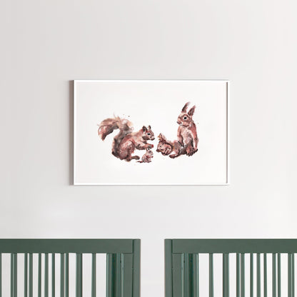 Squirrel Family of 4 Woodland Animal Watercolor Art Print - Art Prints - Moon Rock Prints