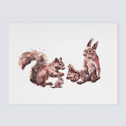 Squirrel Family of 4 Woodland Animal Watercolor Art Print - Art Prints - Moon Rock Prints