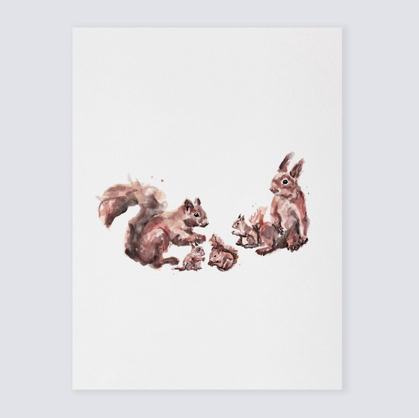 Squirrel Family of 5 Woodland Animal Watercolor Art Print - Art Prints - Moon Rock Prints