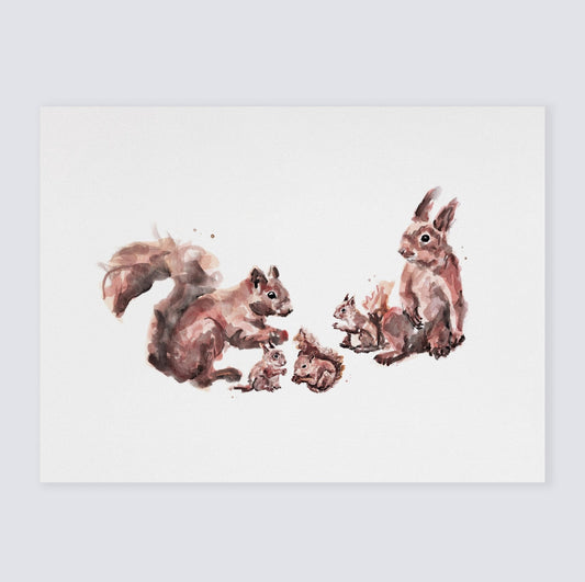 Squirrel Family of 5 Woodland Animal Watercolor Art Print - Art Prints - Moon Rock Prints