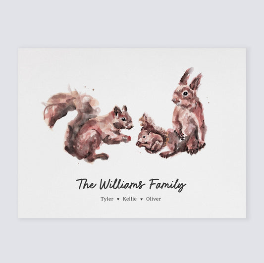 Squirrel Family Personalized Watercolor Art Print - Art Prints - Moon Rock Prints